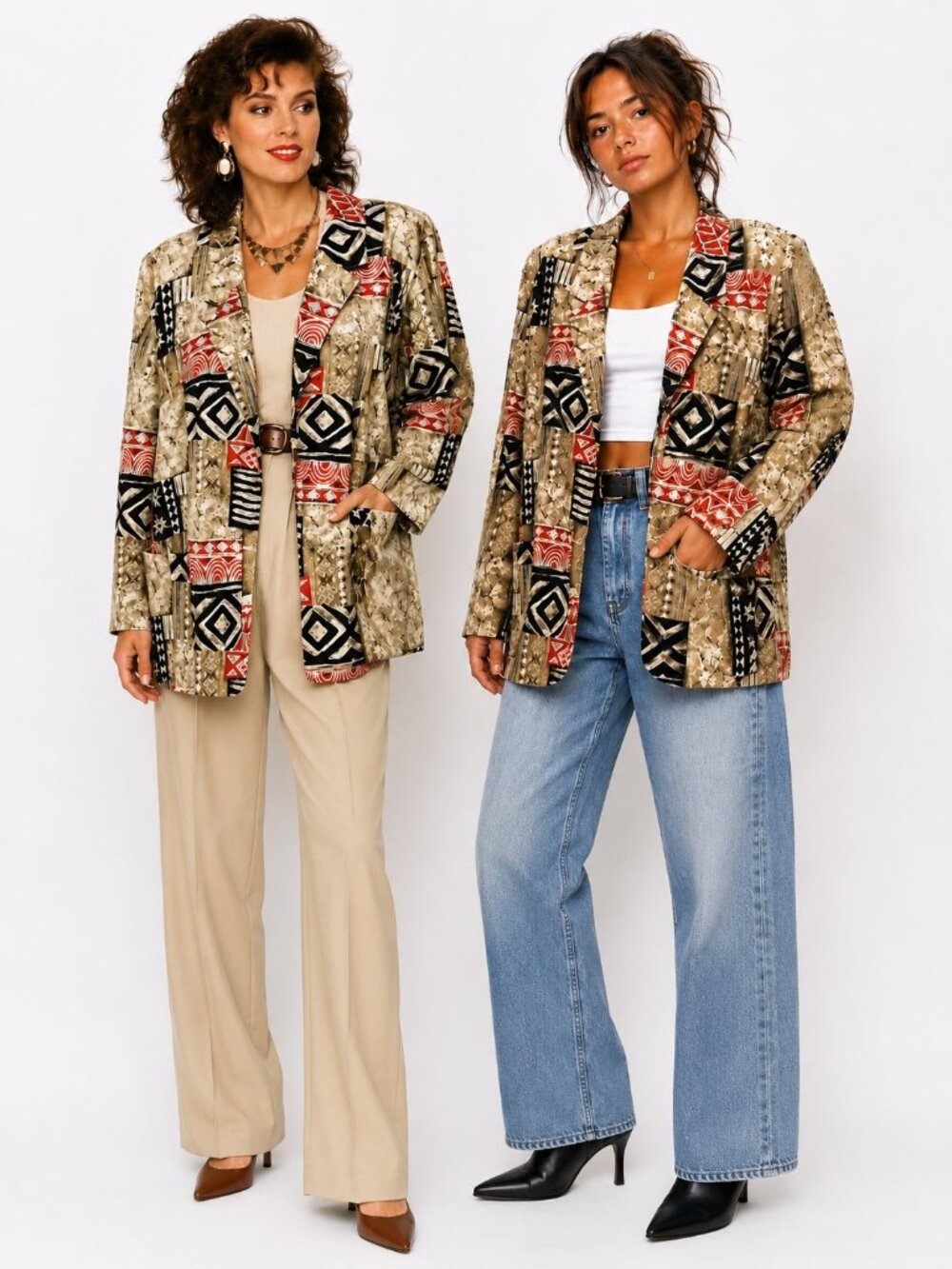 Vintage Diane Richard Black Red Tan Geometric Print Flax Blend Blazer Womens 8